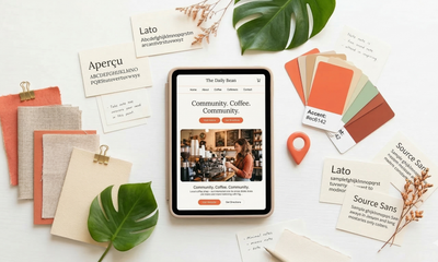 Moodboard design web avec palette de couleurs et maquette sur tablette